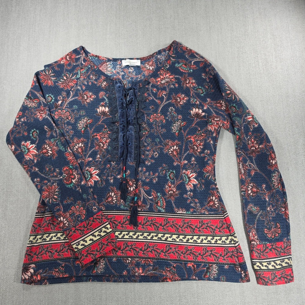 Vintage America Top Womens Large Blue Floral Lace Up‎ Velvet Trim Tassel Boho